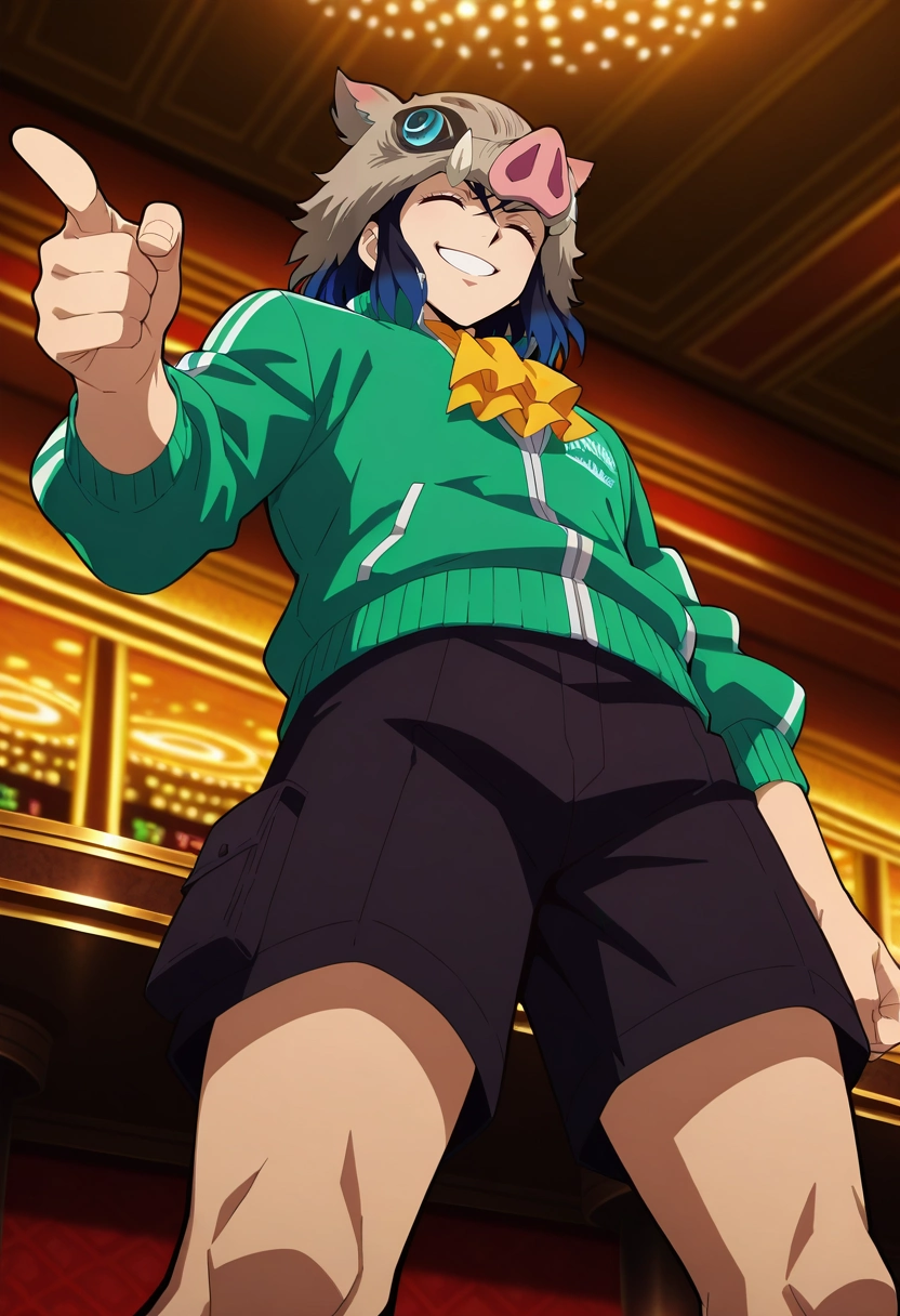 masterpiece, best quality, , anime screencap, , official style, , 1boy, solo, male focus, <lora:inosuke_hashibira_ilxl:0.96>, inosuke_hashibira, , boar mask, from below, las vegas, casino, indoors, light, pointing, (closed eyes:1.2), smile, Hiking shorts, Herringbone Teal Lace Track jacket, , , Ascot