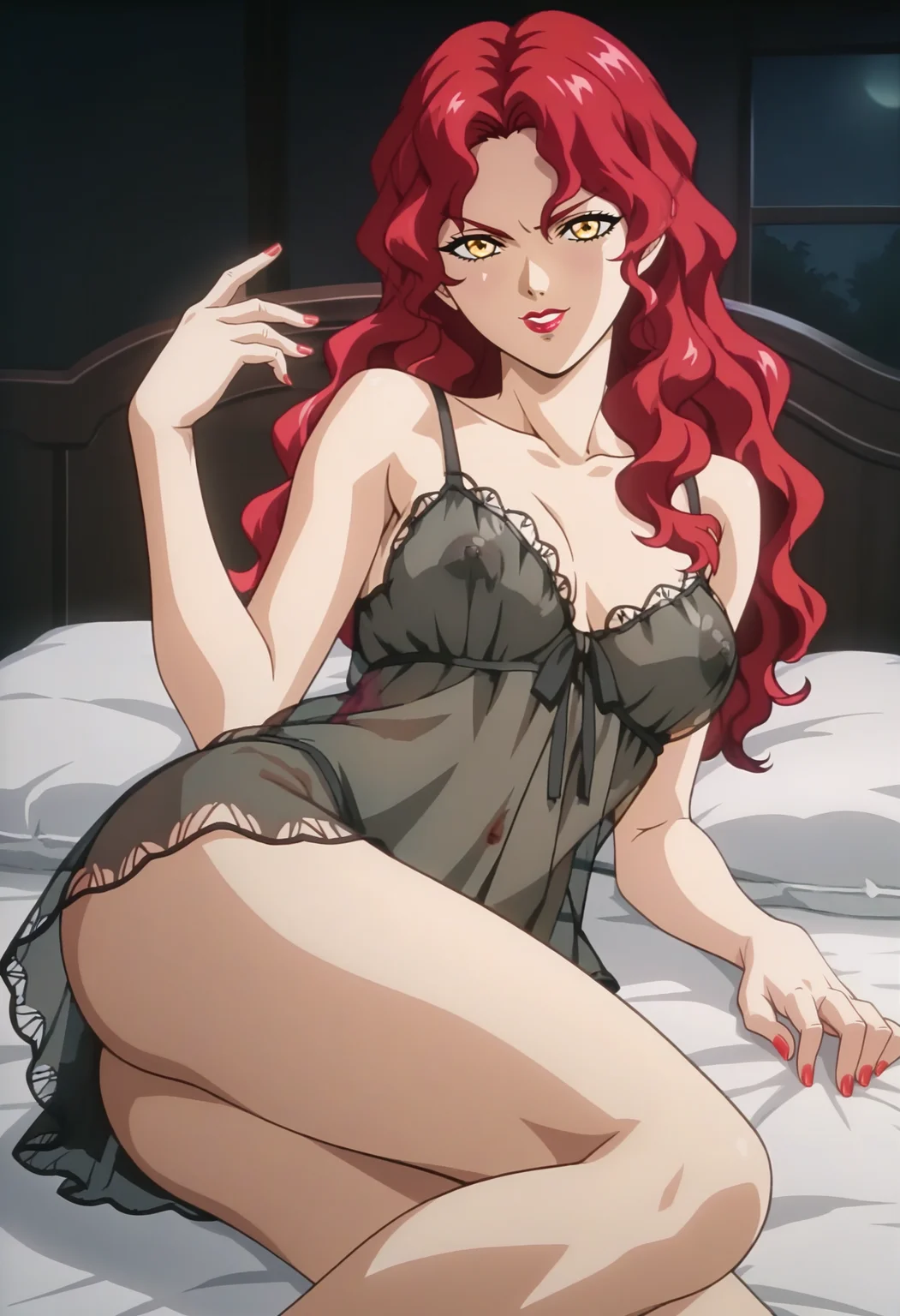 score_9, score_8_up, score_7_up, score_6_up, anime screencap, anime coloring, <lora:ISTAUtakoDaigo-000009:0.8>, ISTAUtakoDaigo, red hair, long hair, wavy hair, yellow eyes, lipstick, nail polish, medium breasts,
nightgown, see-through, thighs,
seductive smile, looking at viewer, lying, on side, v-shaped eyebrows,
BREAK indoors, bed, dark background, night, black background,