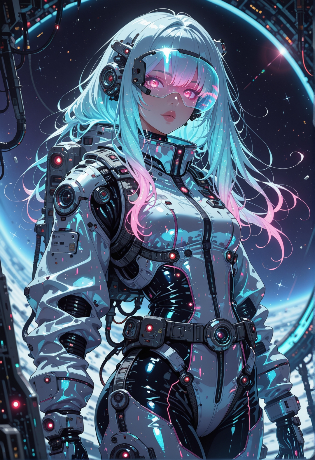 <lora:ck-nc-cyberpunk-IL-000011:0.7>, 
masterpiece, best quality, good quality, very aesthetic, absurdres, newest, 8K, depth of field, focused subject,
dynamic angle, dutch angle, wabi sabi, woman, floating through space nebulae, sexy space suit, holographic visor, holofoil glitter, faint, glowing, ethereal, neon hair, glowing hair, long hair, looking at viewer, lens flare, sci-fi,
in the style of cknc 
<lora:MoriiMee_Gothic_Niji_Style_Illustrious_r1:0.45>
 <lora:- iLL - the_edgy_mech_V2.0-:0.7>