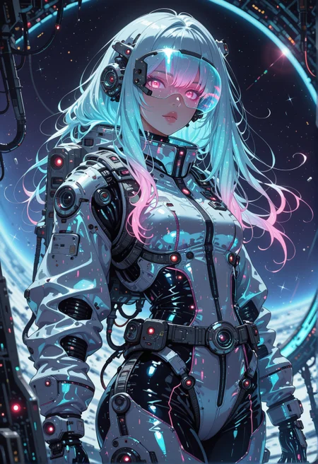 <lora:ck-nc-cyberpunk-IL-000011:0.7>, 
masterpiece, best quality, good quality, very aesthetic, absurdres, newest, 8K, depth of field, focused subject,
dynamic angle, dutch angle, wabi sabi, woman, floating through space nebulae, sexy space suit, holographic visor, holofoil glitter, faint, glowing, ethereal, neon hair, glowing hair, long hair, looking at viewer, lens flare, sci-fi,
in the style of cknc 
<lora:MoriiMee_Gothic_Niji_Style_Illustrious_r1:0.45>
 <lora:- iLL - the_edgy_mech_V2.0-:0.7>