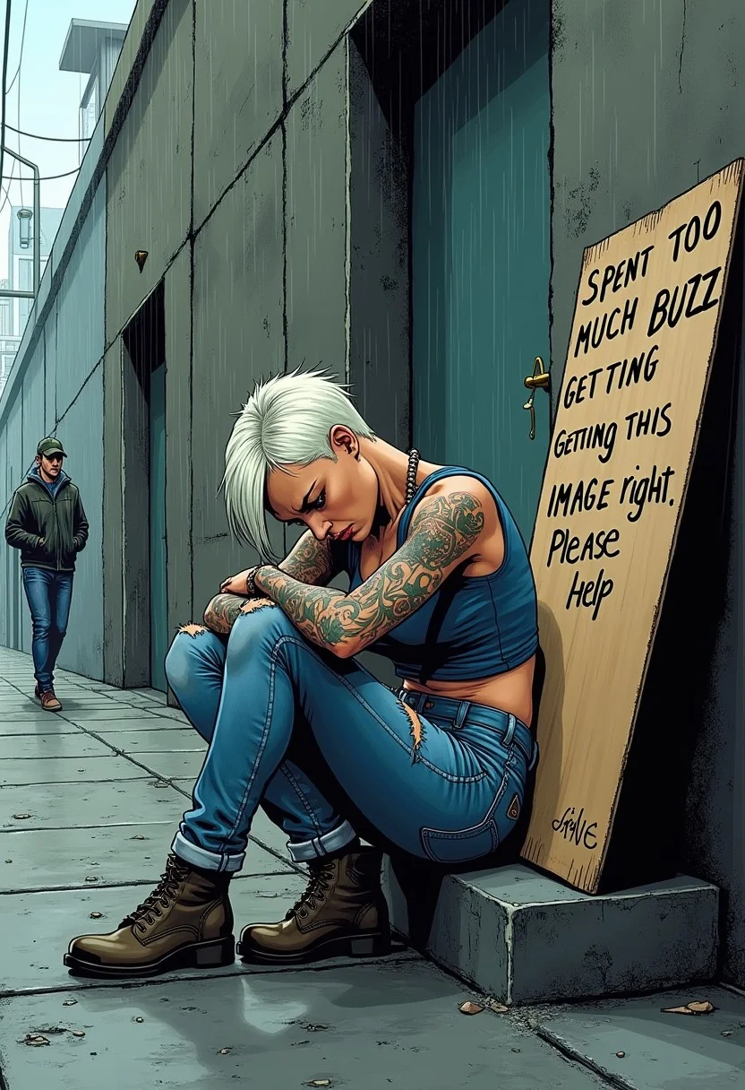 score_9, score_8_up, score_7_up, ultra detailed comic art, tattooed woman sitting on concrete steps, torn denim, blue and silver sleeveless top, short platinum blonde hair, arms covered in tattoos, lightning bolt tattoos, curled up, face hiding behind knees, defeated pose, large cardboard sign leaning on concrete wall next to woman, "Spent too much Buzz getting this image right. Please help," (1.8), busy sidewalk in foreground, pedestrian walking by out of focus, broken down, dystopian color palette, rainy skies, sulfur lighting, no signatures