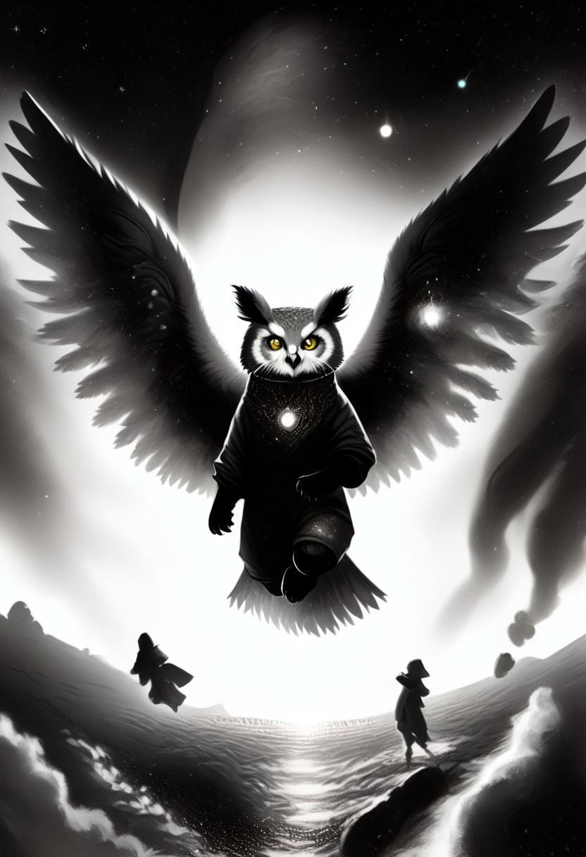 Score_9, Score_8_up, Score_7_up, lora:Navi_Celestial_Skin_PonyXL:1.1 nv-celestialskin, redpandafolk, rabbitfolk, owlfolk, foxfolk, sketch, monochrome, greyscale, YR_GradLight, 0u73r5p4c3, space, planet, nebula, galaxy, asteroid, GalaxyTelepurteSDXL, StarrySkies, scenery, stars (sky), background, night sky, vibrant colored skin, void cosmic body, deep black skin, ethereal silhouette, nebula patterns, animal theme focus, majestic owl
