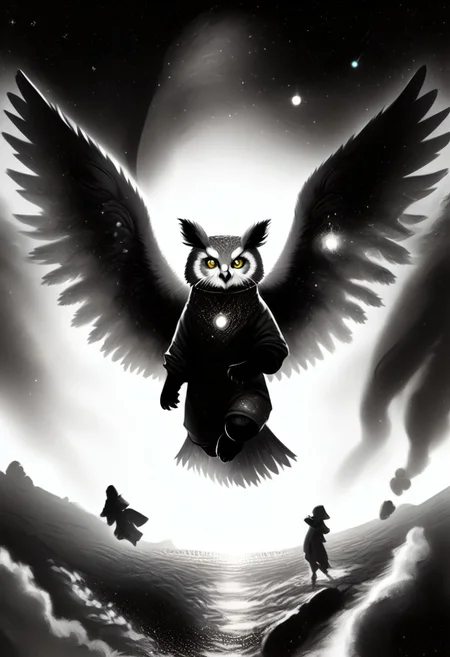 Score_9, Score_8_up, Score_7_up, lora:Navi_Celestial_Skin_PonyXL:1.1 nv-celestialskin, redpandafolk, rabbitfolk, owlfolk, foxfolk, sketch, monochrome, greyscale, YR_GradLight, 0u73r5p4c3, space, planet, nebula, galaxy, asteroid, GalaxyTelepurteSDXL, StarrySkies, scenery, stars (sky), background, night sky, vibrant colored skin, void cosmic body, deep black skin, ethereal silhouette, nebula patterns, animal theme focus, majestic owl
