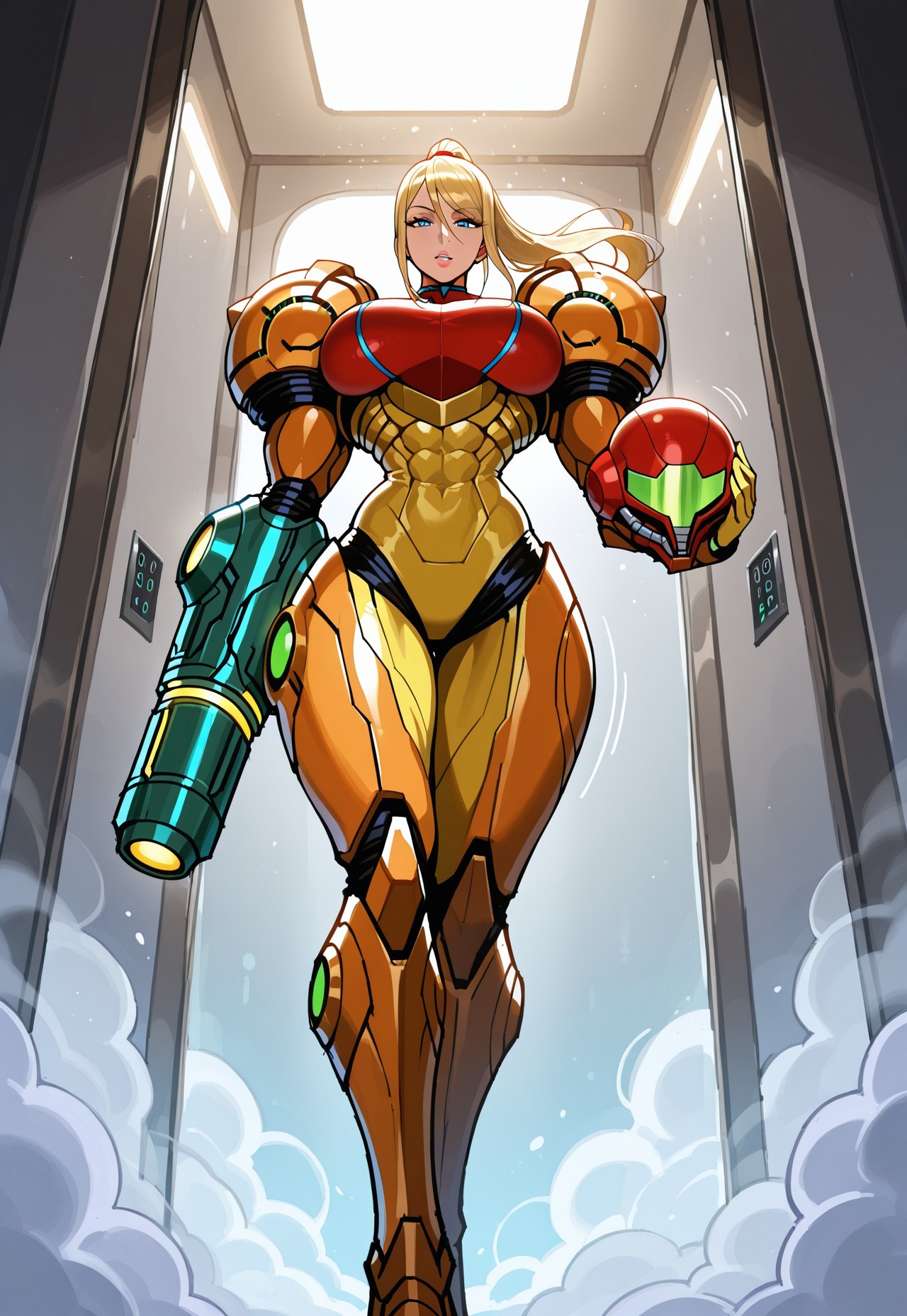 score_9, score_8_up, score_7_up, motion lines, dynamic 1girl, skindentation, seductive, volumetric lighting, cinematic lighting, sensual atmosphere, seductive look, 
BREAK
Samus, solo, blonde, ponytail, blue_eyes, PrimeVaria, power_suit, Green_arm_cannon, 1_hand, phazon falling from ceiling, phazon slime, fogged, (heavy fog:1.5), elevator opening, fog leaving elevator, removing helmet, 
BREAK
athletic and fit, toned arms, thick thighs, 
BREAK
in elevator, alien spaceship interior, atmospheric, cold, masterpiece