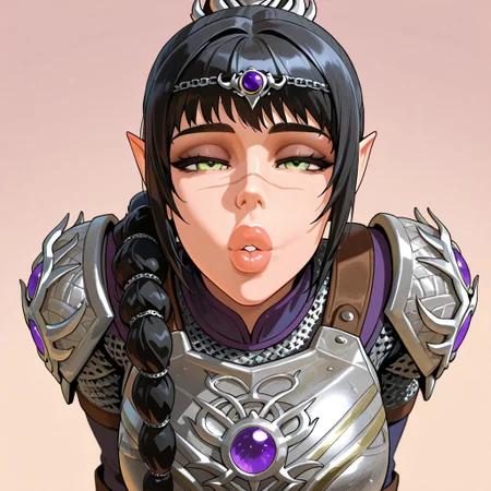 pov, incoming kiss, looking at viewer, puckered lips, thick lips, parted lips, half-closed eyes masterpiece,best quality,amazing quality, absurdres, <lora:shadowheart_bg3_ilxl_goofy:1> shadowheart \(baldur's gate\), 1girl, black hair, braid, breasts, elf, green eyes, large breasts, long hair, looking at viewer, multi-tied hair, pointy ears,scar on face, simple background, smile, solo, body armor, shoulder pads, ,breastplate, chainmail,