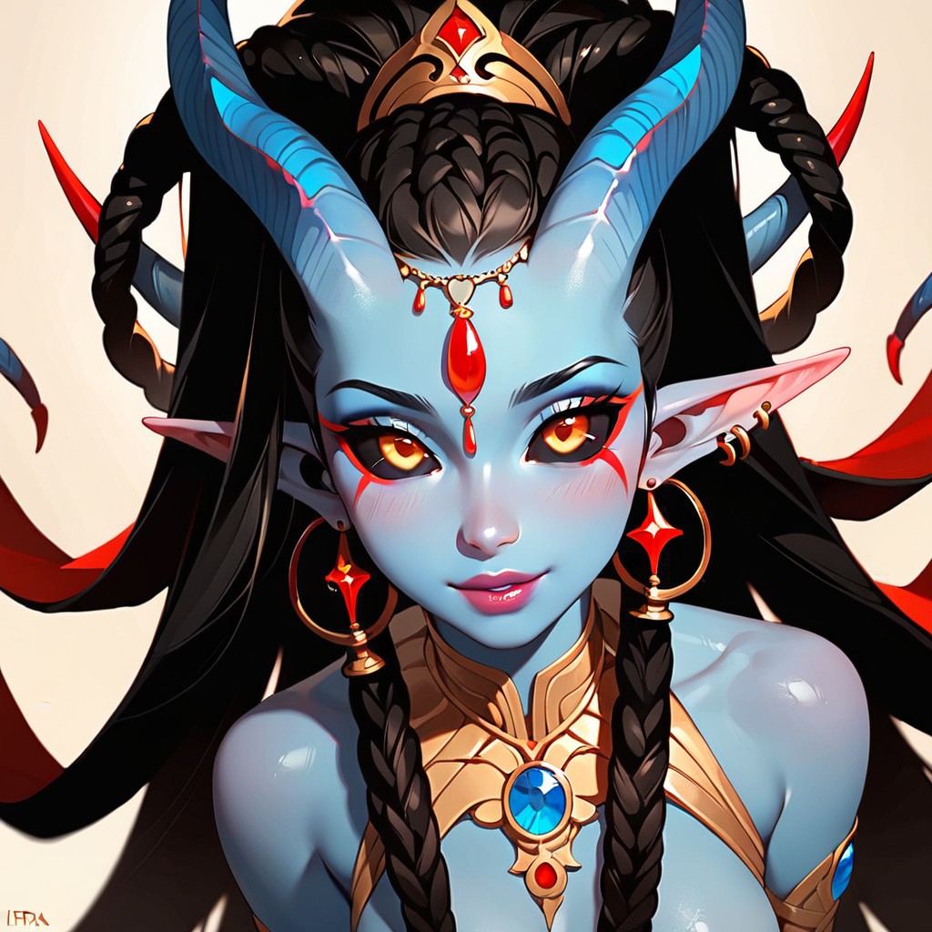 BREAK score_9, score_8_up, score_7_up, (masterpiece), best quality, intricate light, ultradetailed, expressive eyes, perfect face, detailed eyes, focus on eyes, yellow iris, ((1girl)), Blue skin, Dreadlocks, tail, colored scelra, black sclera, Pointy ears, Horns, solo, full body, , <lora:c311ed31-7591-4270-a3eb-03a07df26b98:0.7>