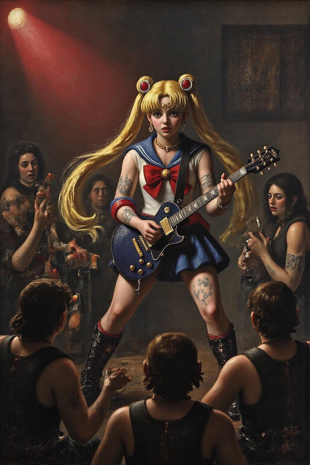 janver1 painting of punk sailor moon playing a guitar at a heavy metal mosh pit, tattoos, pearcing  <lora:janver3_handc_d6a3e13:1.0><lora:806196401471103058:0>