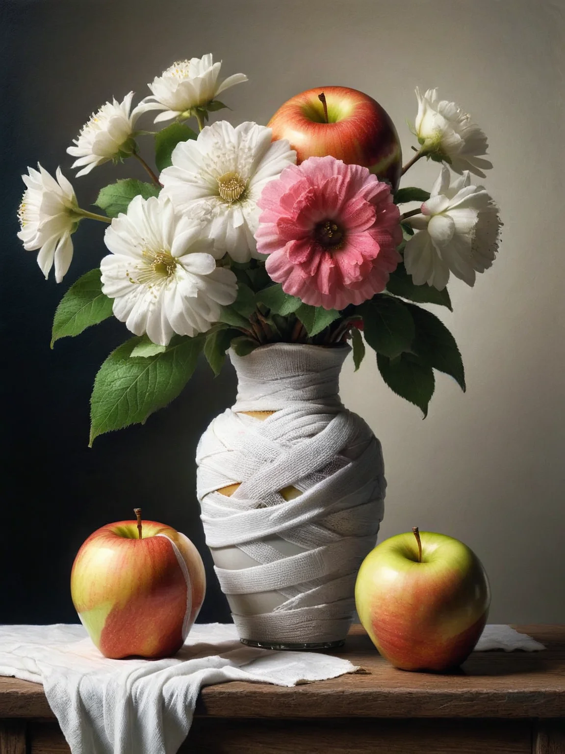 A classic still-life painting featuring an ais-bndgs apple beside a vase of flowers <lora:ais-bndgs-sdxl:1>
