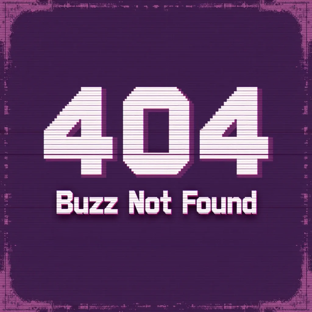 This is a digital graphic image with a retro, glitchy aesthetic. The background is a deep, rich purple color, creating a stark contrast with the bold, white text and graphic elements. The central focus is the text "404" in large, blocky, pixelated letters, which appear to be distorted and moving slightly, giving a sense of motion and imperfection. The letters are overlaid with a series of horizontal lines and streaks, adding to the glitchy effect. Below the "404" text, the words "Buzz Not Found" are written in a similar style, with the same blocky, glitchy font and overlaid with horizontal lines. The entire image conveys a sense of error or failure, often associated with the "404" error message on web pages. The overall texture and color palette give the image a nostalgic, vintage feel, reminiscent of early computer graphics from the 1980s and 1990s. There are no people, animals, or other objects in the image, focusing solely on the text and graphic elements.