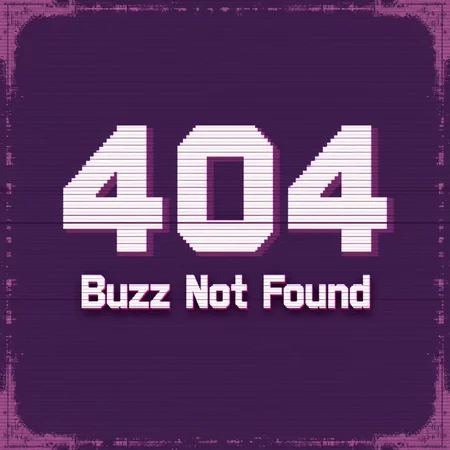 This is a digital graphic image with a retro, glitchy aesthetic. The background is a deep, rich purple color, creating a stark contrast with the bold, white text and graphic elements. The central focus is the text "404" in large, blocky, pixelated letters, which appear to be distorted and moving slightly, giving a sense of motion and imperfection. The letters are overlaid with a series of horizontal lines and streaks, adding to the glitchy effect. Below the "404" text, the words "Buzz Not Found" are written in a similar style, with the same blocky, glitchy font and overlaid with horizontal lines. The entire image conveys a sense of error or failure, often associated with the "404" error message on web pages. The overall texture and color palette give the image a nostalgic, vintage feel, reminiscent of early computer graphics from the 1980s and 1990s. There are no people, animals, or other objects in the image, focusing solely on the text and graphic elements.