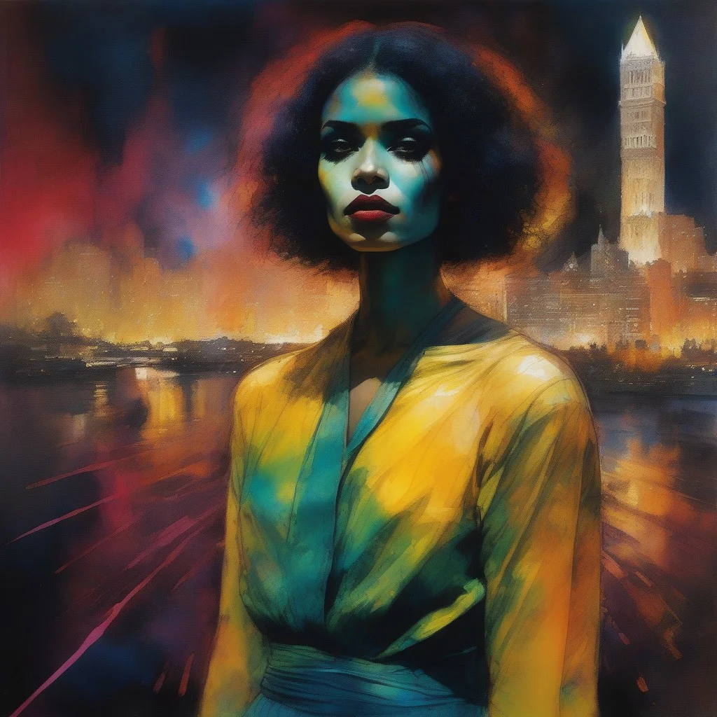 Charcoal and paint, impressionistic bidimensional a biracial goth girl, dressed in vibrant colours instead of black, superhero action pose. Glowing magics encircle her. (Full body), watercolor (monet:1.2) dadaistic collage (by Bill Sienkiewicz:1.5), night city. Beautiful face. resplendent spotlight effect, alcohol and gold leaf highlights. Very detailed.
