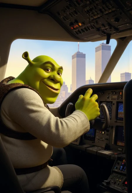 Shrek, in a Boeing 747 plane's cockpit, viewed from behind and the side, smiling impishly looking at viewer. His hands are on the yoke, with the World Trade Center's towers clearly visible through the windshield very close to the plane, his face showing a mix of impishness and adventure. Rendered in the highest detail.