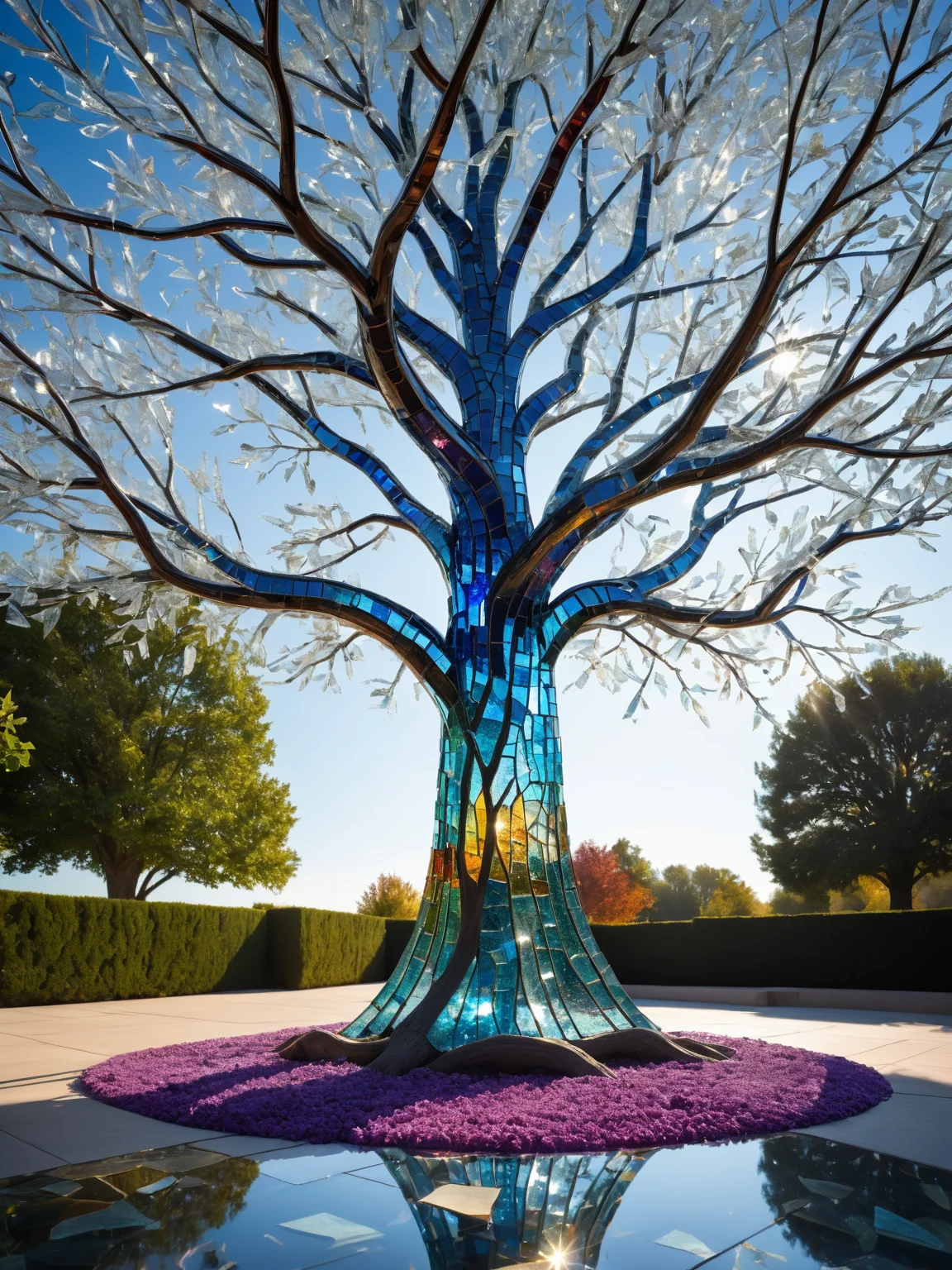 Hyperrealistic, a majestic tree made entirely of glass shards, with each shard reflecting light in a dazzling array of colors. The trunk is composed of intricately arranged glass pieces, creating a solid yet transparent structure. Branches extend gracefully, adorned with countless sharp, shimmering glass leaves that catch the sunlight and cast sparkling reflections. The tree stands tall in a surreal landscape where all nearby trees are also made of glass shards. Each tree mirrors the intricate design, creating a forest of glass with branches and leaves that glisten in the light. The ground is covered with a mosaic of glass fragments, enhancing the reflective beauty of the scene. The sky is clear with a soft blue hue, adding to the ethereal atmosphere. High detail and complexity, vibrant colors, dynamic lighting, immersive atmosphere