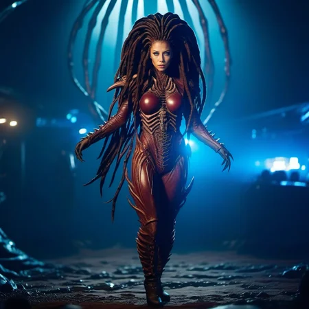 cinematic photo a full body science fiction monster woman, dreadlocks, spaceship<lora:InfestedKerrigan1024:0.8> . 35mm photograph, film, bokeh, professional, 4k, highly detailed