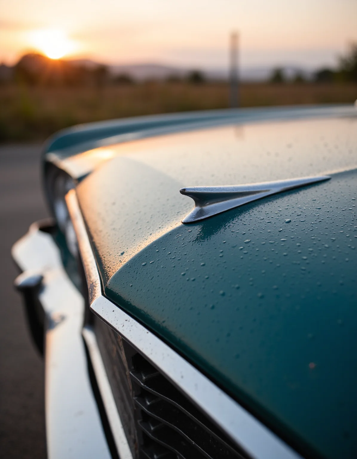 Close-up photograph of a vintage 1970s coupe, coated with fine morning dew, reflecting the pastel sunrise, shallow depth of field, focus on the hood ornament, soft diffused lighting, early morning atmosphere, highly detailed chrome trim