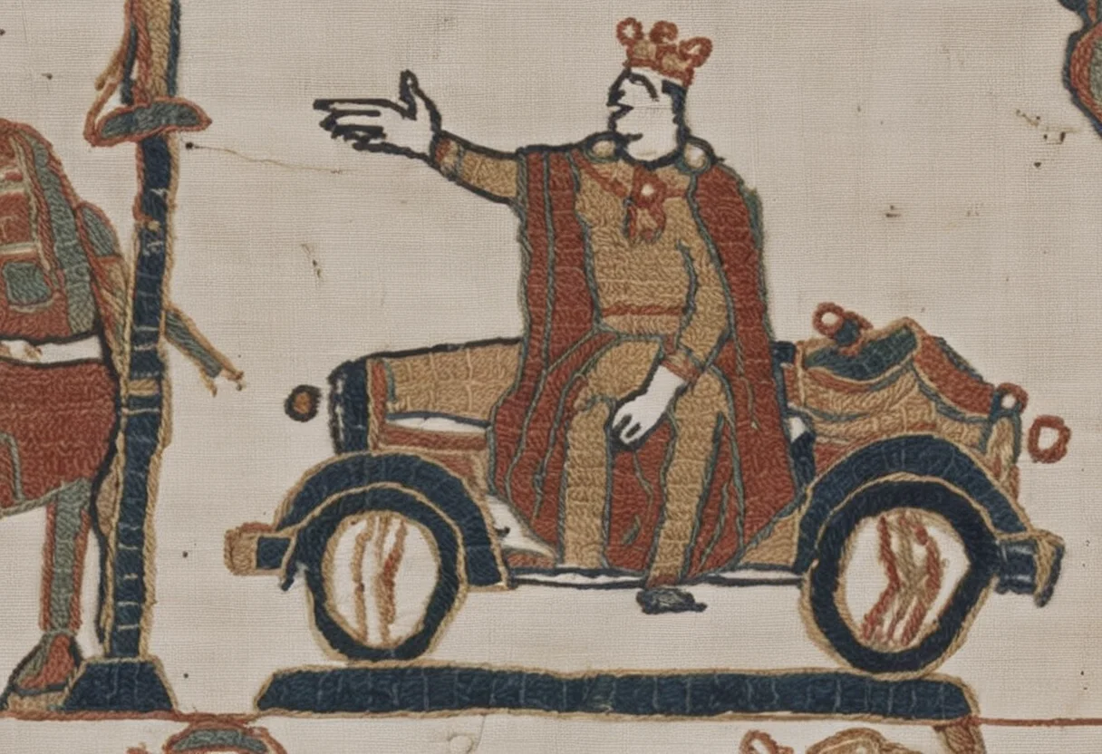 bayeux, a king with crown driving a car standing at red traffic light, <lora:bayeux:1>