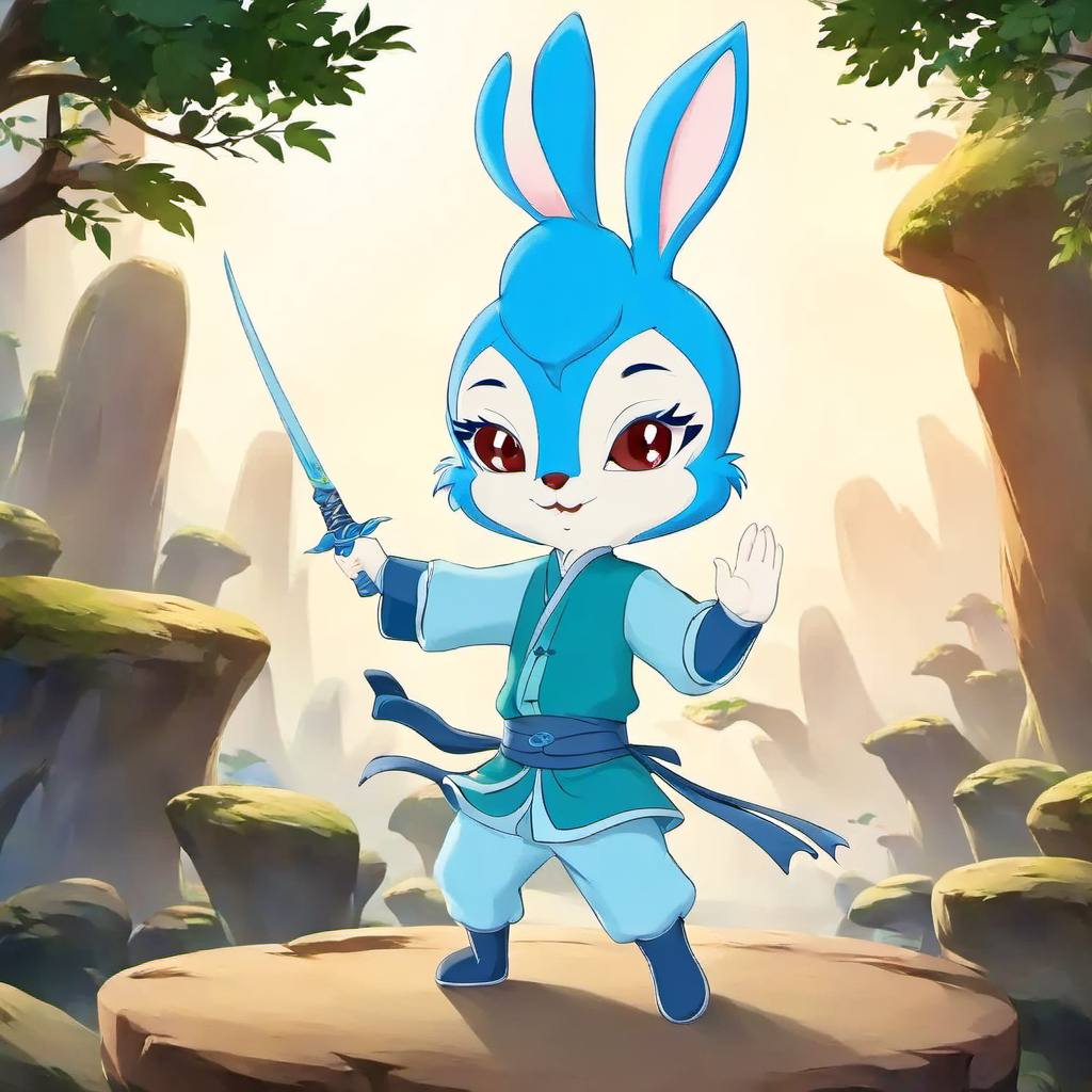 A rabbit girl,
Wushu style,
Blue hair,
Traditional Chinese clothing,
Anthropomorphic animal,standing,