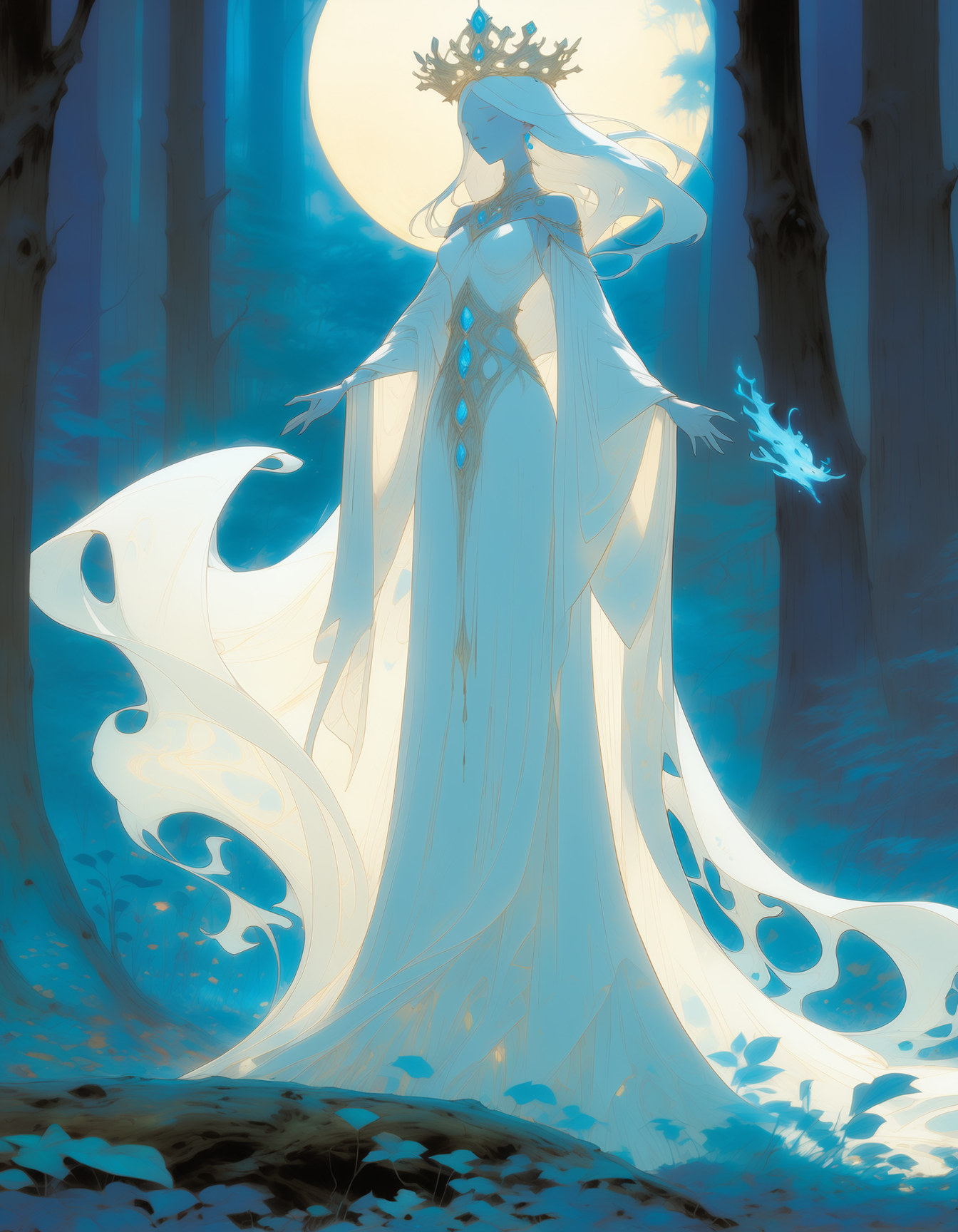 NijiEX style A ghostly figure in a flowing white dress stands amidst a mystical forest holding a radiant crown while a luminous blue creature dances nearby, best quality