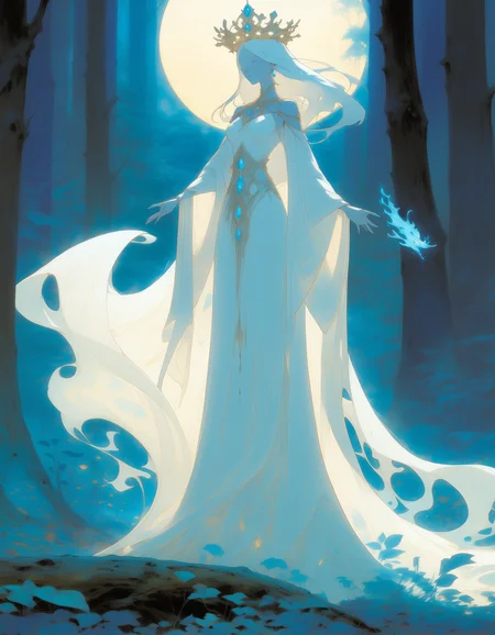 NijiEX style A ghostly figure in a flowing white dress stands amidst a mystical forest holding a radiant crown while a luminous blue creature dances nearby, best quality