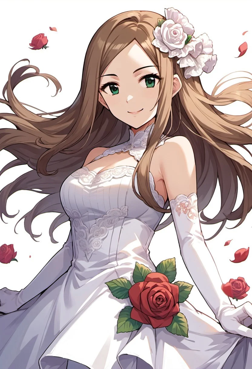 score_9, score_8_up, score_7_up, source_anime, matsuyama kumiko, long hair, brown hair, green eyes, 1girl, solo, gloves, dress, flower, elbow gloves, hair ornament, smile, rose, white gloves