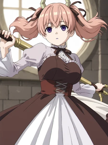 detailed background, posing,
<lora:linie.pony:1>
linie, 
medium breasts, empty eyes, 
holding weapon,
large breasts, bouncing breasts,