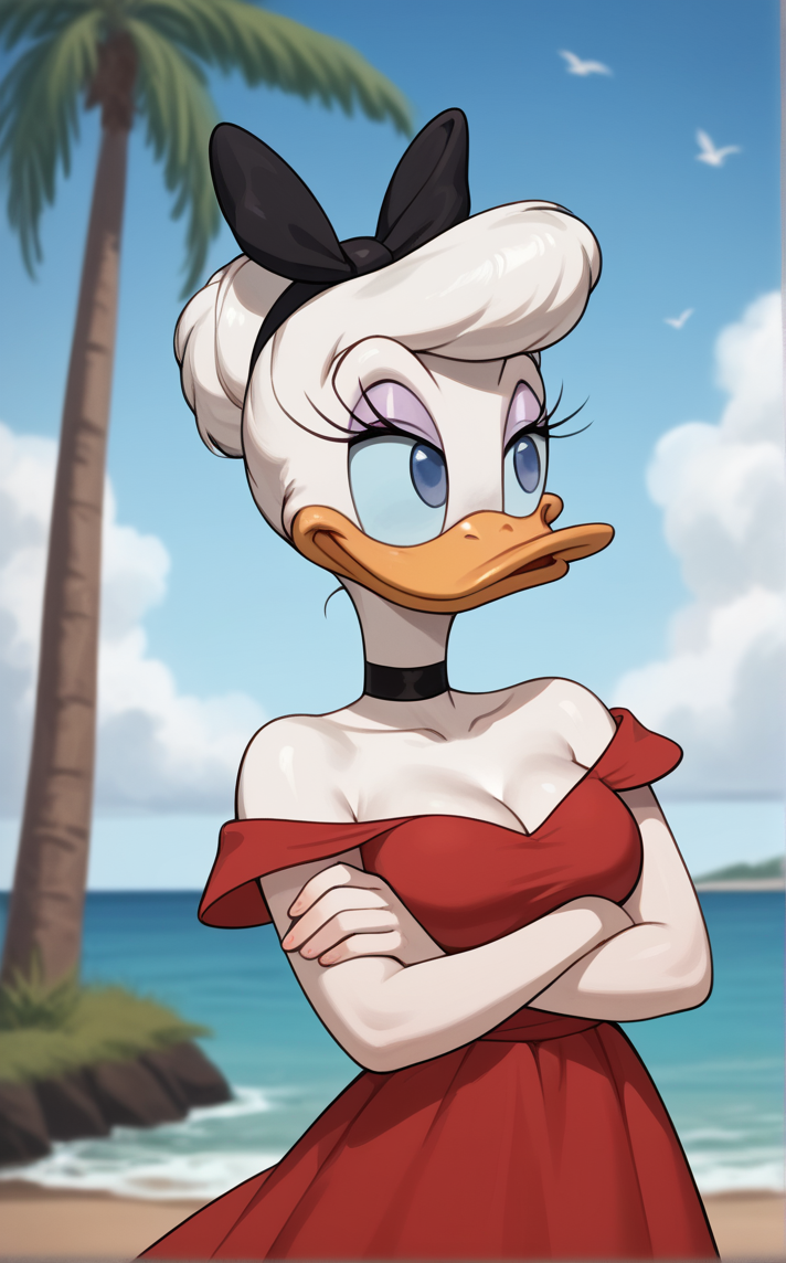 score_9, score_8_up, score_7_up, absurdres, 1girl, bare tree, branch, breast hold, crossed arms, day, outdoors, palm tree, stomach, cowboy shot, blue sky, cloud, blurry background, legs together, closed mouth, standing, thighs, arm under breasts,<lora:PONYXL_DaisyDuck_ownwaifu:1>, BREAK RedDress_DaisyDuck_ownwaifu, 1girl, furry female, red dress, blue eyes, white hair, bare shoulders, off shoulder, short hair, makeup, off-shoulder dress, black choker, duck, hair bow, purple eyeshadow, black bow, beak, white fur, animal nose, single hair bun, body fur, hair ribbon, black hairband, breasts, eyelashes, no humans, ponytail, black ribbon, colored skin, bird girl, sleeveless dress, sleeveless, cleavage, long dress, topknot, short sleeves, medium breasts, hair bun, strapless dress, collarbone, <lora:add-detail-xl:0.15>,