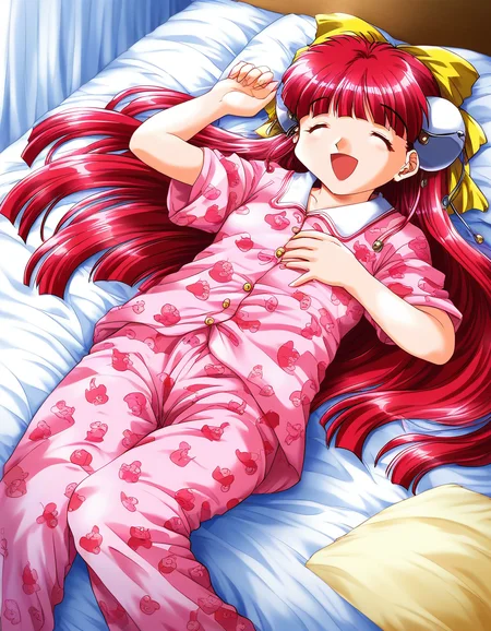 score_9, score_8_up, score_7_up, source_anime, rating_explicit, BREAK <lora:Nanako_RISE_XL:1>ãNanako_RISE, long hair, red hair, closed eyes, bangs, hair bow, headgear, yellow bow, solo,
pink pajamas, animal print, lying, open mouth, happy, long pants, sleeping,
bed room, flooring,