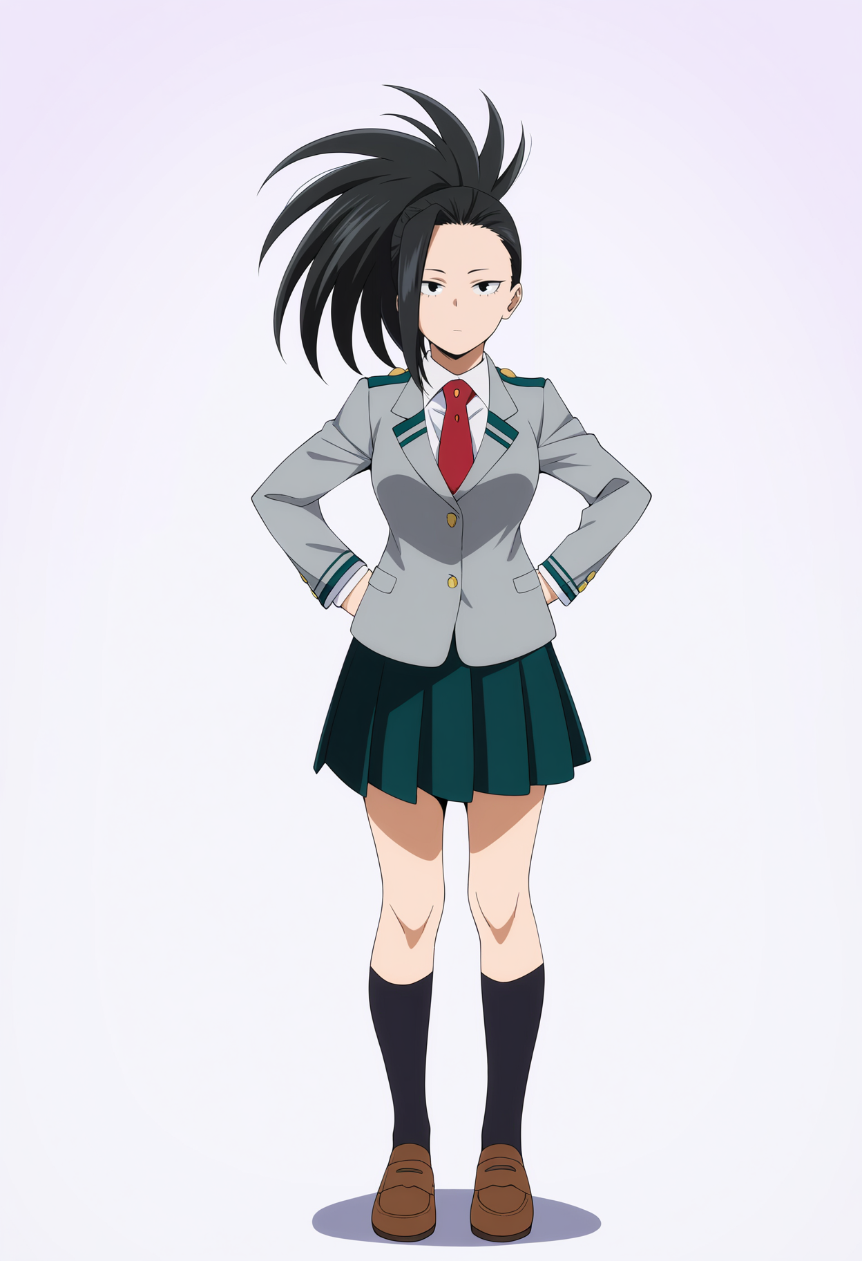 masterpiece, best quality, very aesthetic, absurdres,
1girl, yaoyorozumomo, black eyes, black hair, ponytail, long hair, hair pulled back,
u.a. school uniform, black socks, grey blazer, brown loafers, kneehighs, long sleeves, pleated green skirt, red necktie,
full body, hands on hips, standing, solo, looking at viewer, simple background , white background,  <lora:MomoYaoyorozuNoobXL_byKonan:1>
