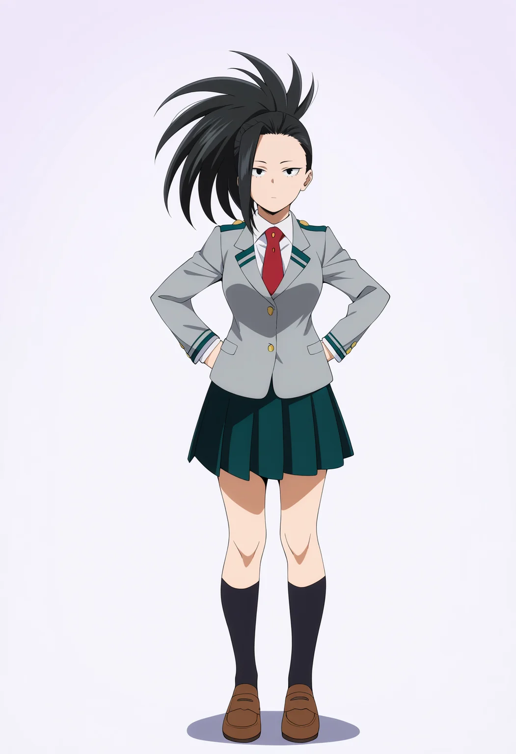 masterpiece, best quality, very aesthetic, absurdres,
1girl, yaoyorozumomo, black eyes, black hair, ponytail, long hair, hair pulled back,
u.a. school uniform, black socks, grey blazer, brown loafers, kneehighs, long sleeves, pleated green skirt, red necktie,
full body, hands on hips, standing, solo, looking at viewer, simple background , white background, <lora:MomoYaoyorozuNoobXL_byKonan:1>