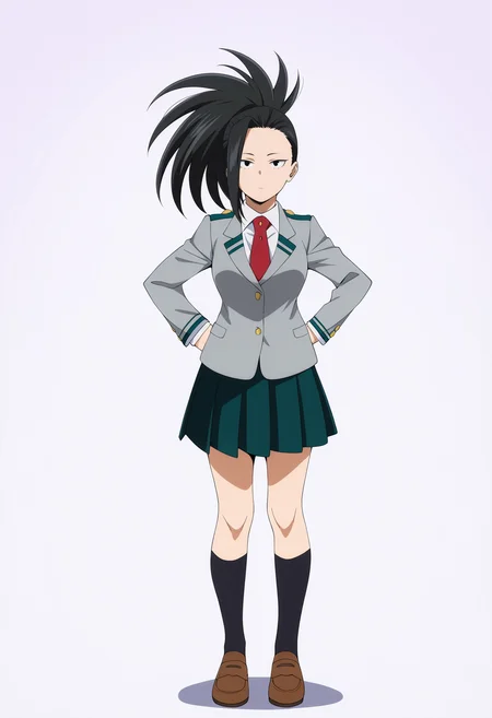 masterpiece, best quality, very aesthetic, absurdres,
1girl, yaoyorozumomo, black eyes, black hair, ponytail, long hair, hair pulled back,
u.a. school uniform, black socks, grey blazer, brown loafers, kneehighs, long sleeves, pleated green skirt, red necktie,
full body, hands on hips, standing, solo, looking at viewer, simple background , white background, <lora:MomoYaoyorozuNoobXL_byKonan:1>