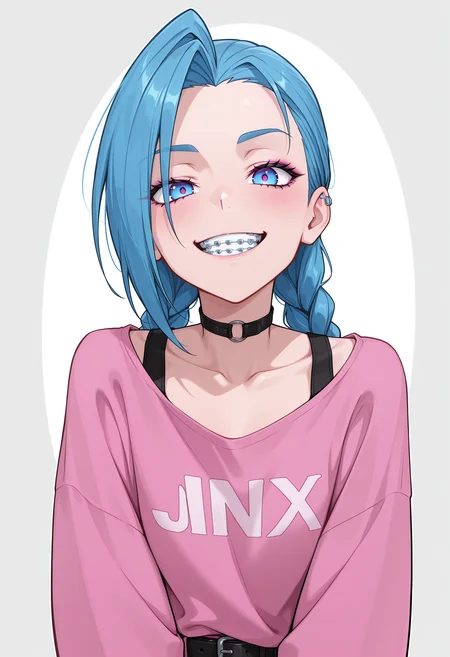 anime, masterpiece, best quality, detailed background, 8k, <lora:braces:1>, br4c3s, braces, jinx