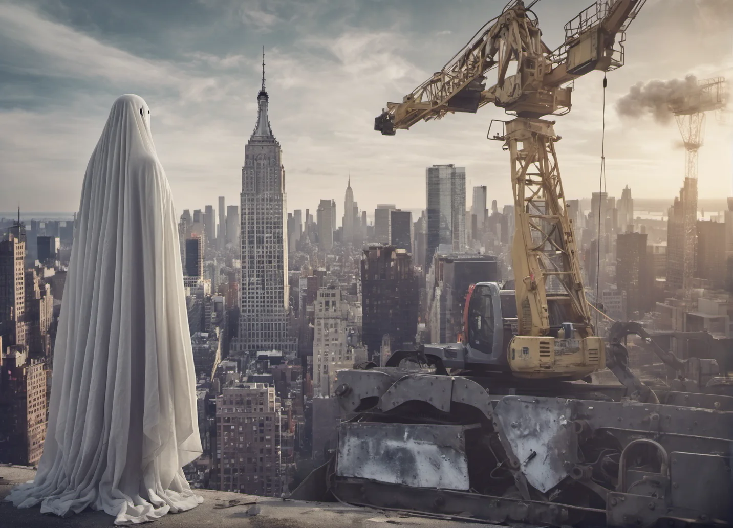 sheetghost person (operating a heavy machinery crane in New York high above the city attached to a skyscraper:1.4) , dangerous height, poorly operating crane above the city, smashing wrecking ball into side of skyscraper. . <lora:SheetGhost SDXL LoRA - Trigger with Sheetghost Person:1>
