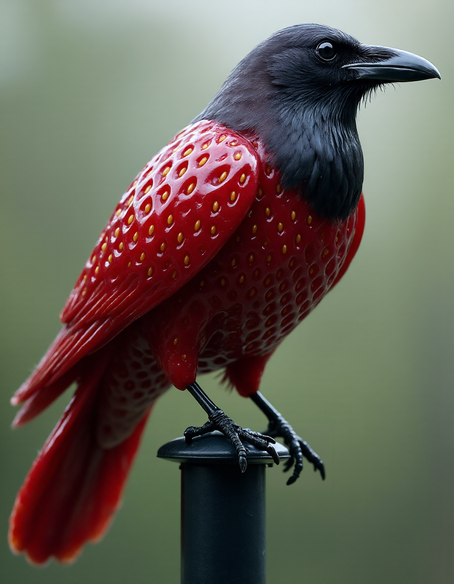 A crow perches on a streetlight its feathers replaced by glossy dark pink strawberry slices arranged in layers Seeds shimmer along the wing tips and a droplet forms on the beak as morning mist sets in <lora:FruitCore-StrawberryShift-0.3-000004:1>