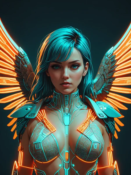 mad-cyberspace, woman, wings, ornanments, teal coloring, grid, orange outlines  cyberpunk, 1980s, retro, scifi,  <lora:Neon_Cyberpunk_Cyberspace_SDXL_v2:0.8>, raw photo, film grain, (photorealistic, realistic:1.2), deep shadow,  8k, uhd, dslr, ultra high res