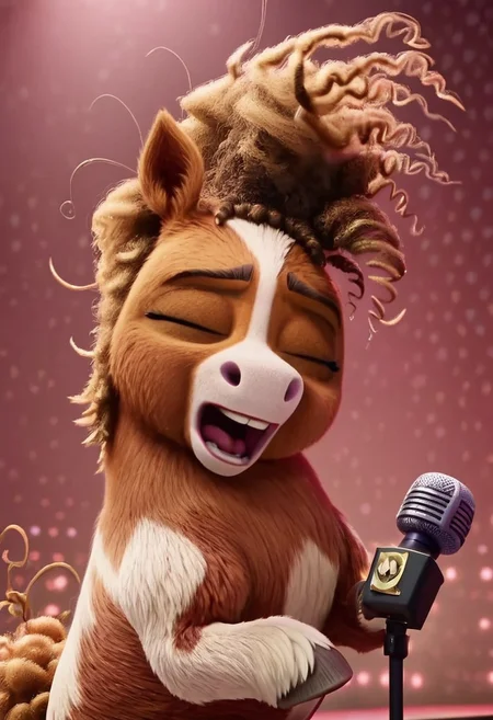 thelma pony, 1girl, small pony, short body, female pony, grey eyes, two-toned fur, brown and white fur, white line of fur in middle of face, brown hair, curly hair, brown tail, curly tail, feral, score_8_up, score_7_up, BREAK, 1girl, solo, eyes closed, cute, singing, screaming, female focus, detailed background, 4k, masterpiece, best quality, highly detailed, 3d, realistic, holding mic, microphone, microphone between hooves