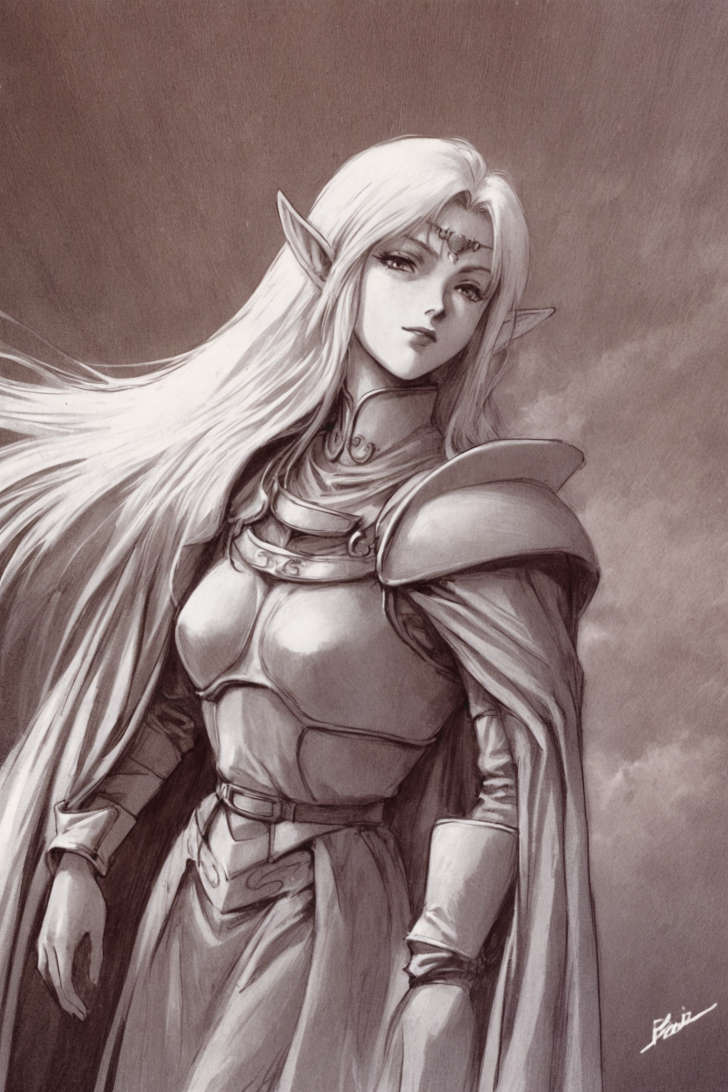solo,pointy ears,1girl,Deedlit,armor,monochrome,amor,cape,elf,long hair,retro artstyle,signature,looking at viewer,cloudy sky,white background,<lora:Yutaka Izubuchi_XL:0.8>,