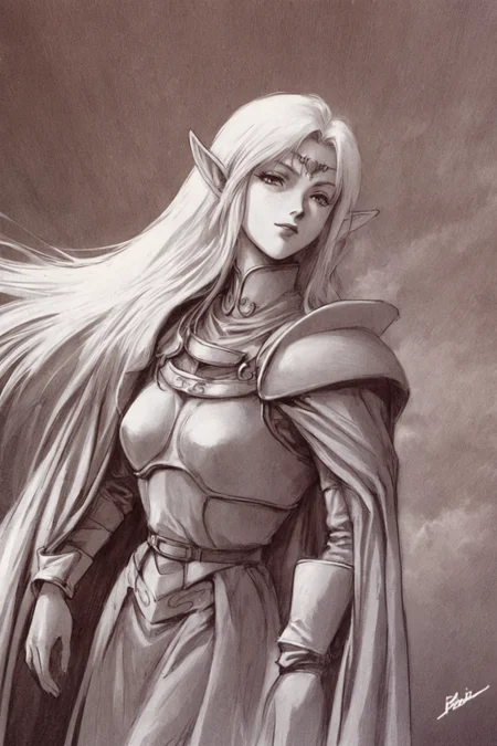 solo,pointy ears,1girl,Deedlit,armor,monochrome,amor,cape,elf,long hair,retro artstyle,signature,looking at viewer,cloudy sky,white background,<lora:Yutaka Izubuchi_XL:0.8>,