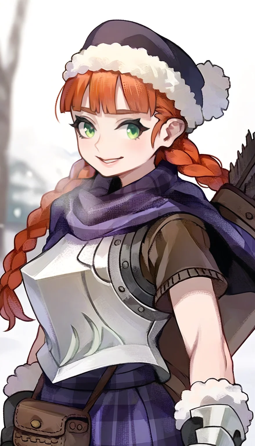 masterpiece,best quality,amazing quality,
<lora:yunifiiNAI:1>,yunifi,
1girl,solo,orange hair,purple fur hat,bangs,twin braids,green eyes,purple plaid cape,brown sweater undershirt,breastplate,purple plaid skirt,quiver on back,upper body,looking at viewer,steam,outdoors,snow,blurry background,depth of field,soft lighting,light particles,