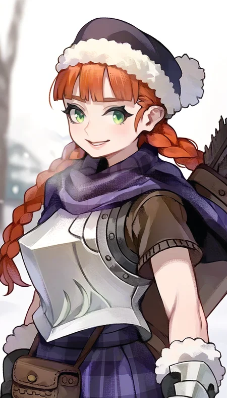 masterpiece,best quality,amazing quality,
<lora:yunifiiNAI:1>,yunifi,
1girl,solo,orange hair,purple fur hat,bangs,twin braids,green eyes,purple plaid cape,brown sweater undershirt,breastplate,purple plaid skirt,quiver on back,upper body,looking at viewer,steam,outdoors,snow,blurry background,depth of field,soft lighting,light particles,