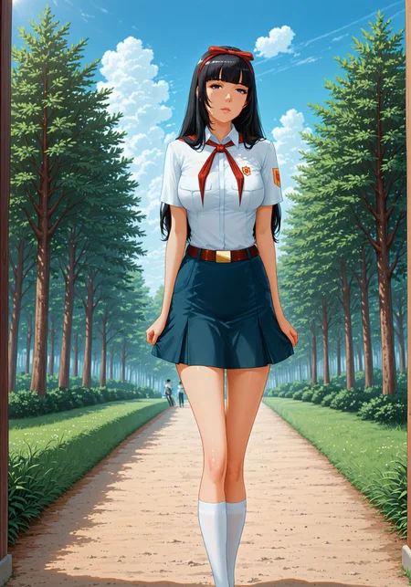 masterpiece, high_quality, highres, detailed_eyes, detailed, masterpiece, best quality, absurdres, 8k, HDR, face_focus, high quality, very_awa, newest, absurdres, highres, depth_of_field, realistic_skin, pinkretroanime, (retro art:0.7), Jeddtl02, p0nyd1sney1ncasev1x0n2, very aesthetic, detailed face, pioneer_uniform, el_pioneer_outfit, white_shirt_pioneer, short_sleeves, pioneer_badge, blue_short_pioneer, red_neckerchief, belt, white_socks, shoes,<lora:Yamato_Aoki_illustrious:1> , black eyes, long hair, bang, black hair, large hanging breasts elegant and dominant, mature, adult, sexy, medium breasts, looking at viewer, detailed beautiful eye, medium breasts, amazing background, clouds, nature, forest, , <lora:Everlasting_summer_pioneer_uniform:1>, detailed skin texture, (blush:0.5), (goosebumps:0.5), subsurface scattering