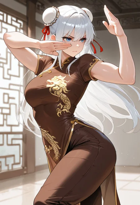 masterpiece,best quality,amazing quality, absurdres, 1girl, arm behind back, blue eyes, brown dress, brown pants, changpao, china dress, chinese clothes, dress, fighting stance, kung fu, martial arts, pants, serious, solo, training, white hair