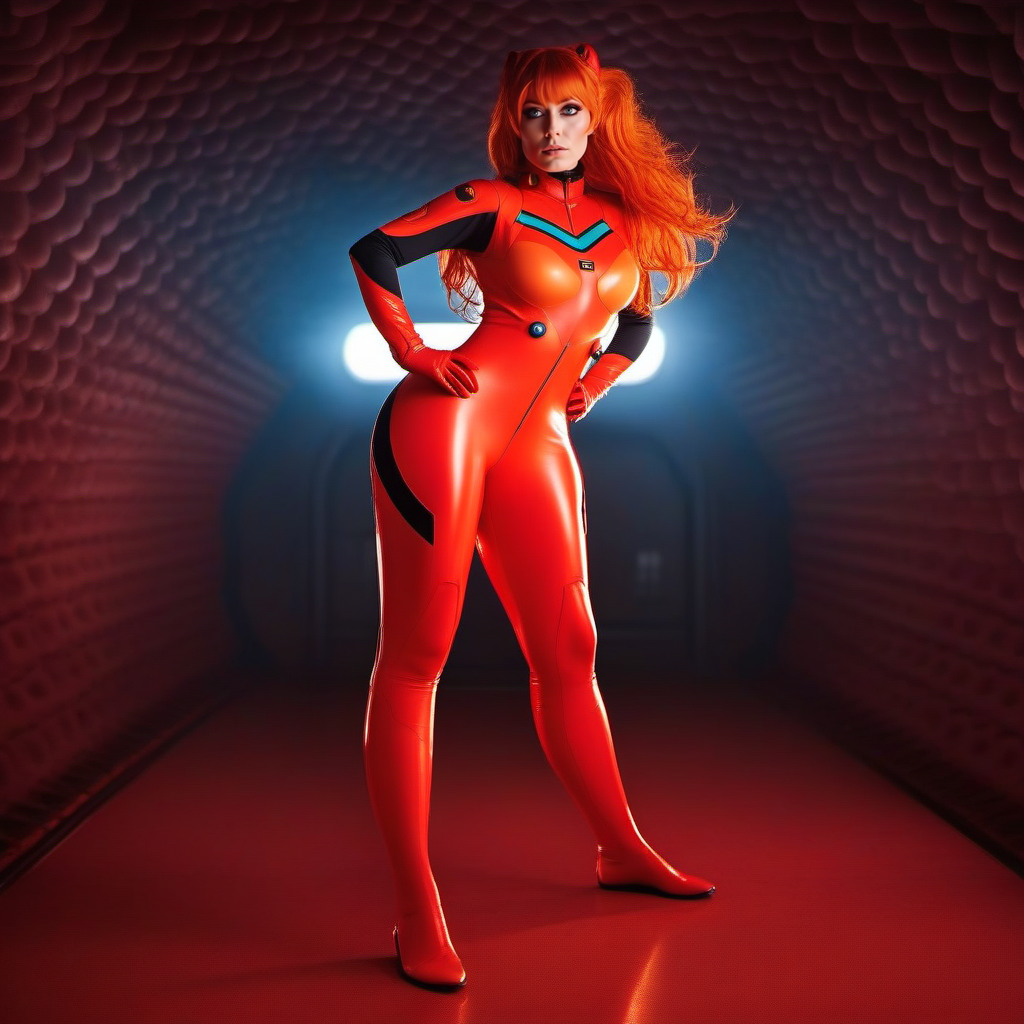 cinematic photo a full body woman,  red plugsuit, blue eyes, orange hair, in a spaceship  <lora:Asuka1024:0.8> . 35mm photograph, film, bokeh, professional, 4k, highly detailed