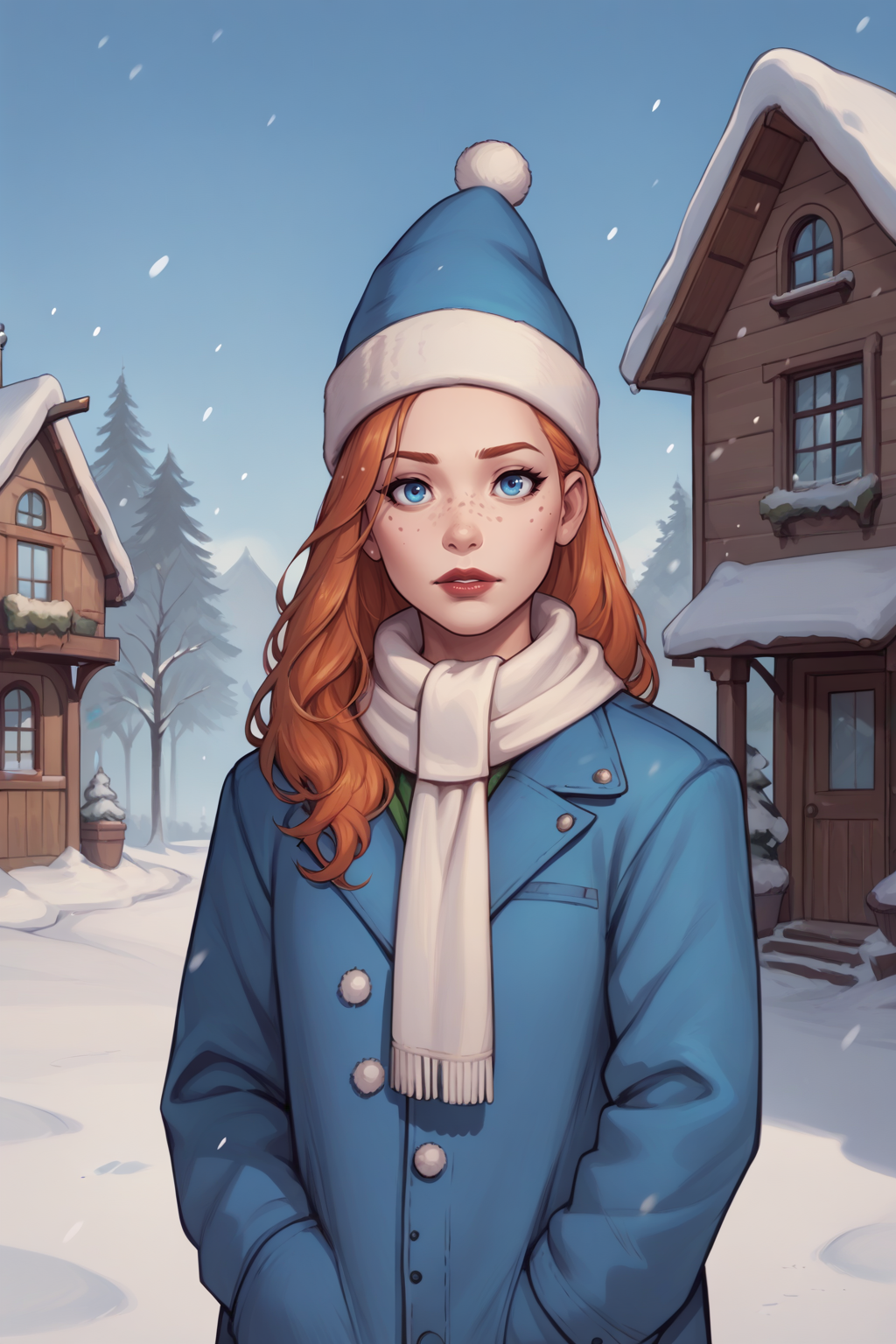 score_9, score_8_up, score_7_up, BREAK source_anime, score_9, score_8_up, 1girl, solo, <lora:NSMeiPortia:1> NSMeiPortia, long hair, blue eyes, freckles, lipstick, orange hair, white scarf, blue coat, santa hat, blue hat, outdoors, winter, snow, snowing