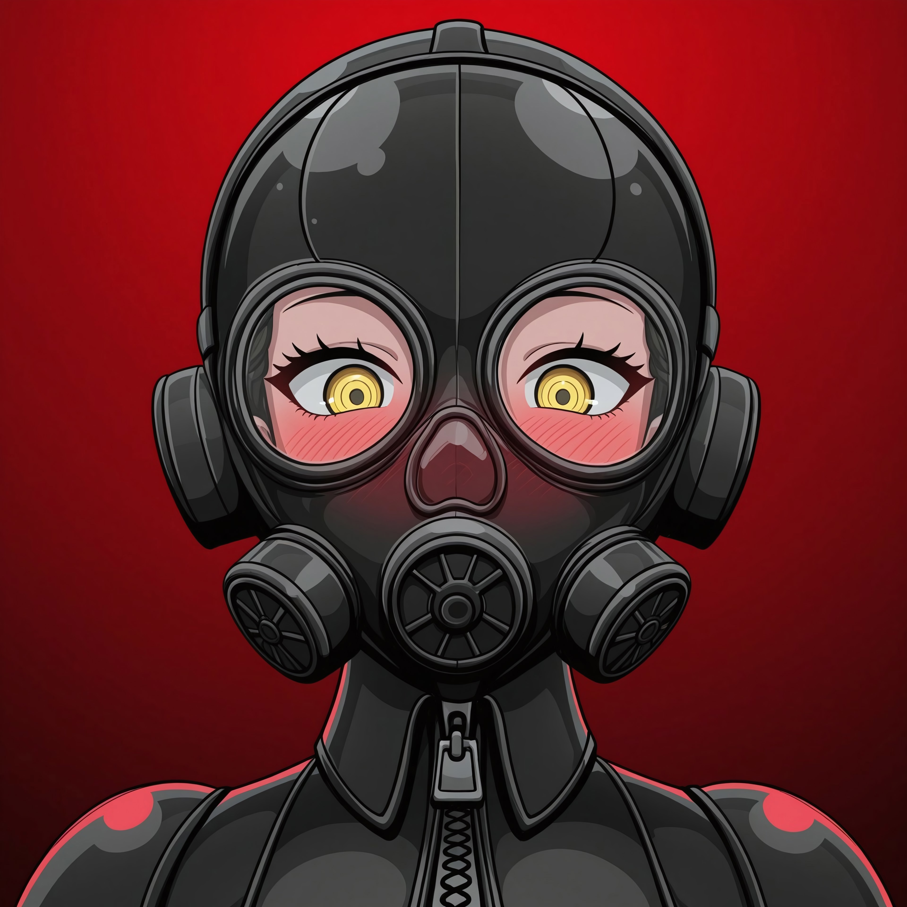 Tonkatsu, medium shot, tilted head, angled shot, gas mask, staring at viewer tinted glass on gasmask, yellow eyes, grinning eyes, blush, black latex outfit, red ambient background