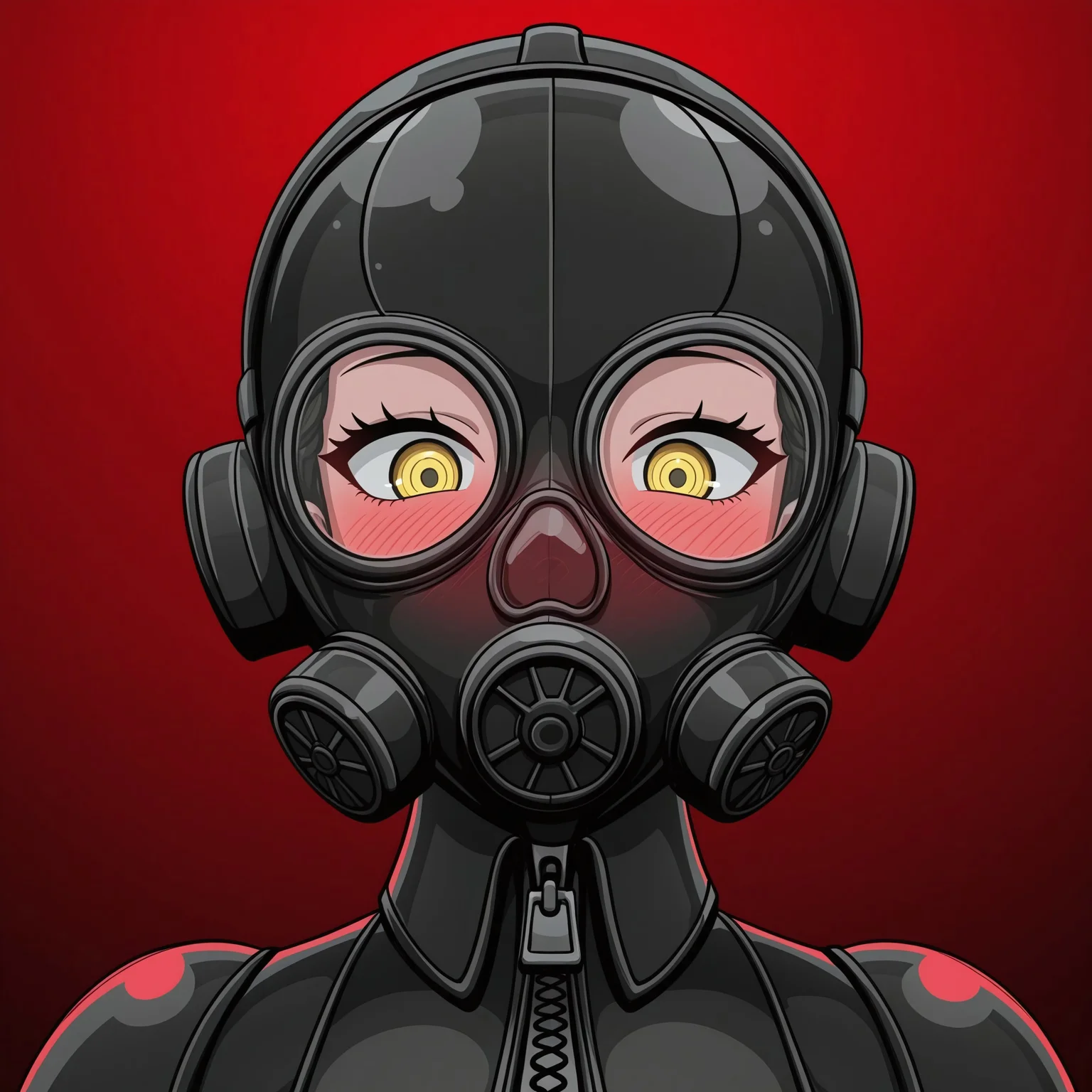 Tonkatsu, medium shot, tilted head, angled shot, gas mask, staring at viewer tinted glass on gasmask, yellow eyes, grinning eyes, blush, black latex outfit, red ambient background