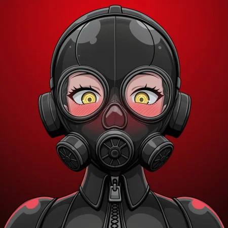 Tonkatsu, medium shot, tilted head, angled shot, gas mask, staring at viewer tinted glass on gasmask, yellow eyes, grinning eyes, blush, black latex outfit, red ambient background