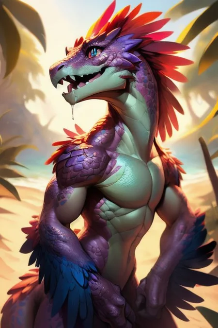 scalie, anthro, ((female)), ((kobold:1.3)), detailed pink scales, detailed scales, intricate scales, ((small breasts)), ((nude)), (detailed face), (detailed eyes:2), (big eyes:0.5), claws, open mouth, grin, (fangs:1.3), cute, young, muscular, athletic, elegant, beautiful, claws, (slit pupils), bright eyes, expressive eyes, (chubby:0.4), (plump:0.4), smiling, happy,  
((((head with thick long feathers)))), ((feathered arms, feathered legs)) covered in feathers, 
sexy pose, dancing,
(saliva), (drooling:0.5),
<lora:dragon:0.1>,
<lora:addmoredetails:-0.5>,
<lora:Velociraptor_Dino:0.1>,
<lora:deathclaw:0.5>,
<lora:azt3ch:0.1>,
<lora:FurryCore:0.6>
<Lora:sailor_moon:0.5>
by darkgem, by thesecretcave, by silverfox5213, , 
noon, sunlight, 
on a beach, 
(ambient light on the body),
Ray tracing, dutch angle, concept art, highly detailed, (hi res), ((masterpiece)), ((best quality)) masterpiece, best quality, masterpiece, best quality, cinematic composition, (masterpiece, best quality, ultra realistic, 4k, (high detail:1.3), sharp focus,