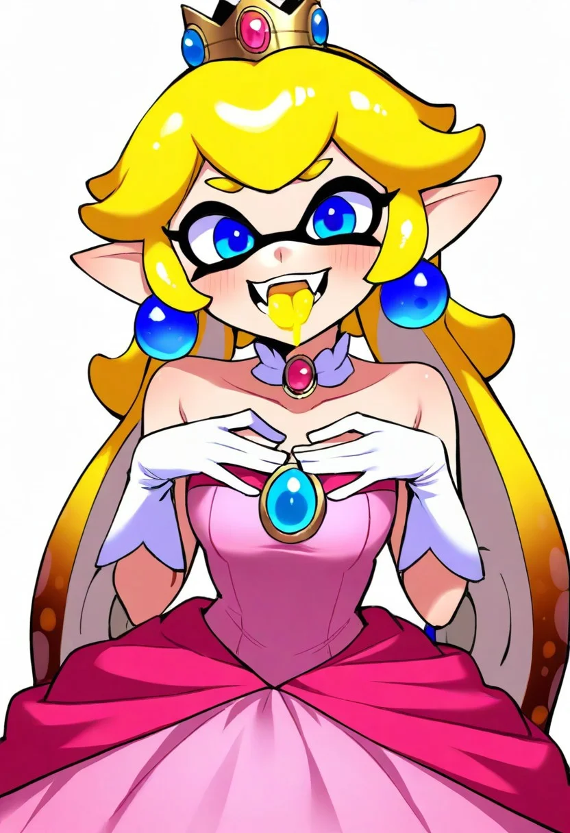 masterpiece, best quality, absurdres, ultra-detailed, high resolution,
1girl, inkling, solo, pointy ears, blue eyes, fangs, smile, long hair, yellow tongue, yellow hair, long hair, princess peach (cosplay), pink dress, strapless dress, bare shoulders, white gloves, brooch, choker, blue earrings, pink lips,
paint splatter, white background,