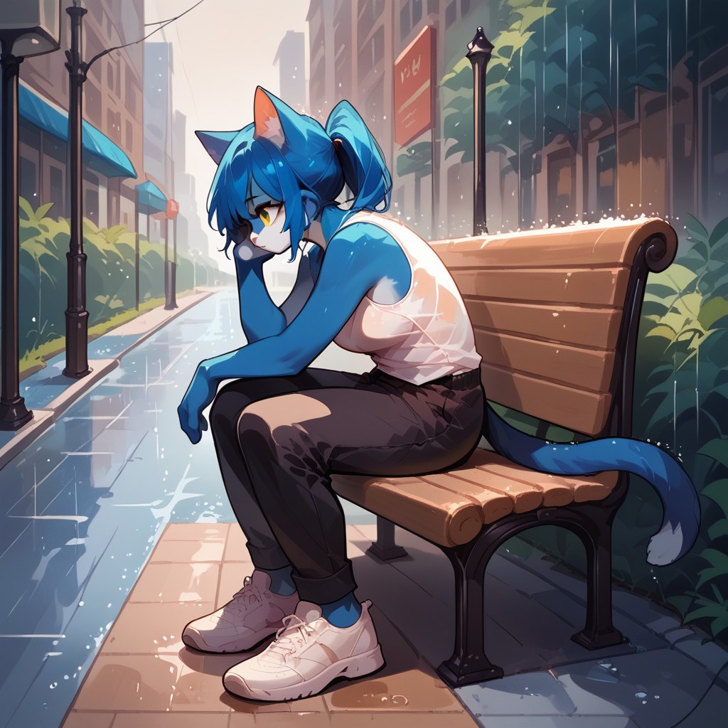 blue Anthro cat, Audr3yC4t, score_9, score_8_up, score_7_up, source_anime, Sitting on park bench, city street, white tank top, black shorts, white shoes, raining, soaked, sad, From side, full body,