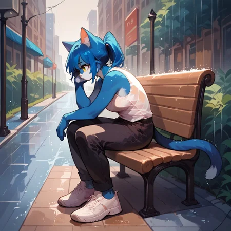 blue Anthro cat, Audr3yC4t, score_9, score_8_up, score_7_up, source_anime, Sitting on park bench, city street, white tank top, black shorts, white shoes, raining, soaked, sad, From side, full body,